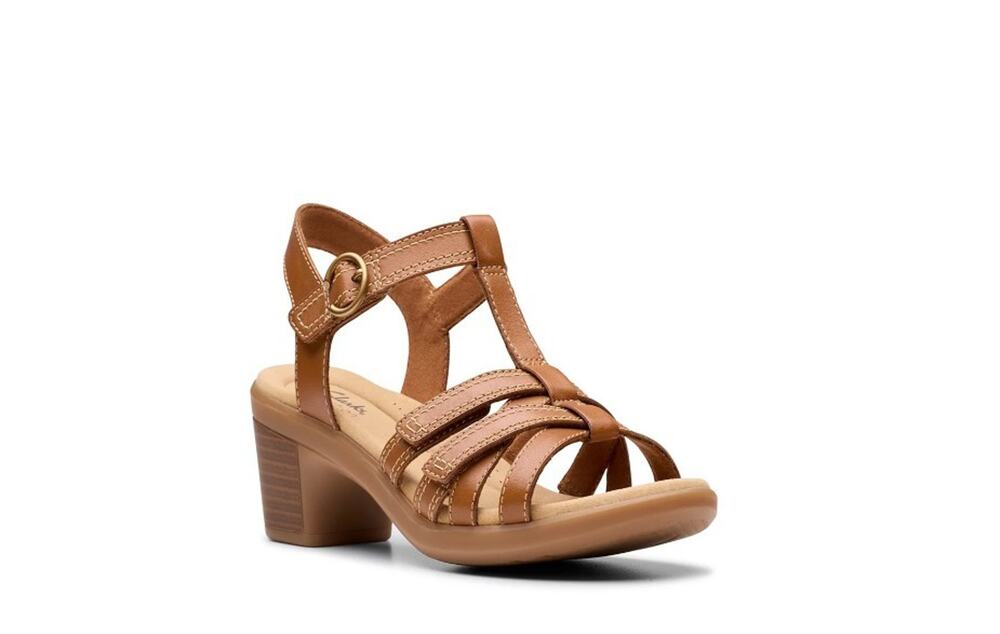 Clarks Women's Emily2 Rose Leather Block Heel Sandals Tan Leather Size 7.5